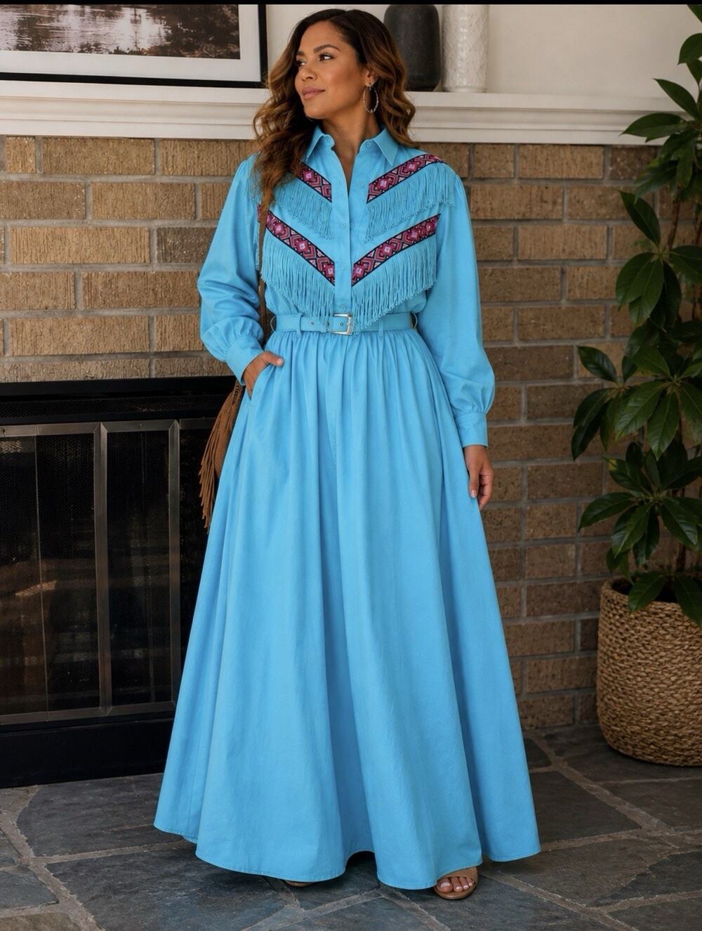 Vintage 80s Green Western Fringe Cowgirl Midi Dress Women's LARGE 12 USA Made